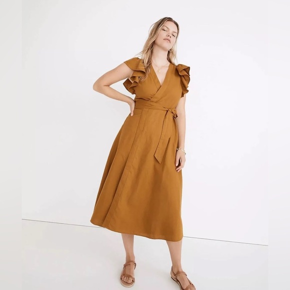 Madewell Linen-Blend Ruffle-Sleeve Wrap Midi Dress, Size S - Picture 1 of 16